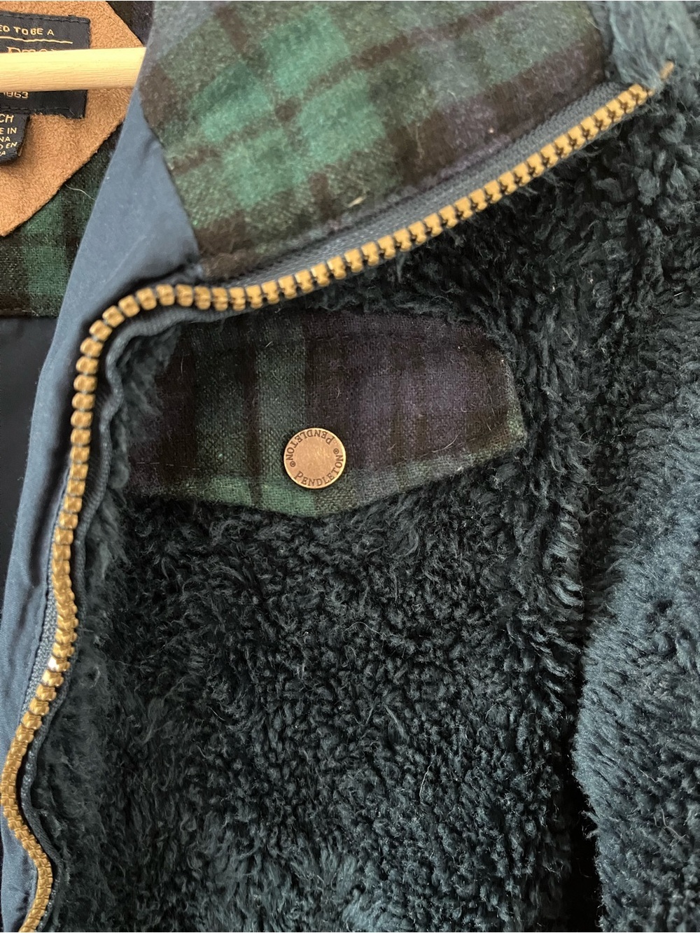 Pendleton Women Small Sherpa Coat Jacket Fleece Wool Plaid Blue Green - Picture 7 of 9
